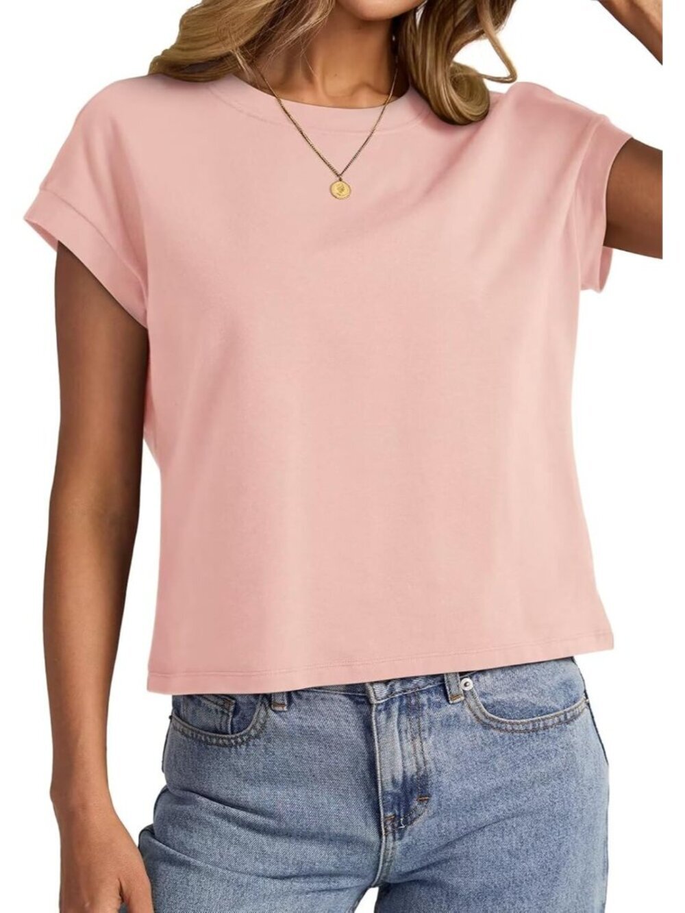 〽️Women Light Pink Cap Sleeve Crewneck Loose Fit Casual Summer Pull On Crop Tops